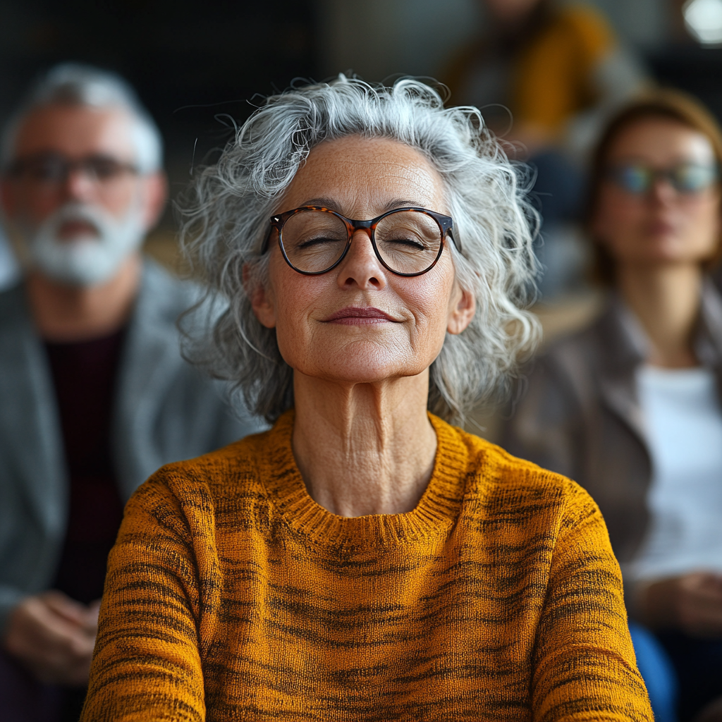 Група старших людей займається йогою в затишній студії